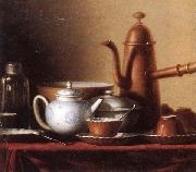 unknow artist Still life of a chocolate pot,teapot,sucrier,bowl,teajar,tea cups and saucers,and silver spoons,all upon a draped table top oil painting artist